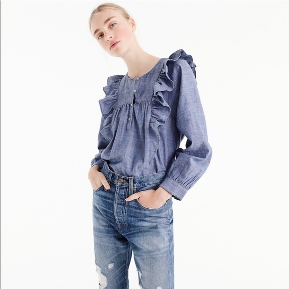 J. Crew Tops - J Crew Chambray ruffled popover top 2